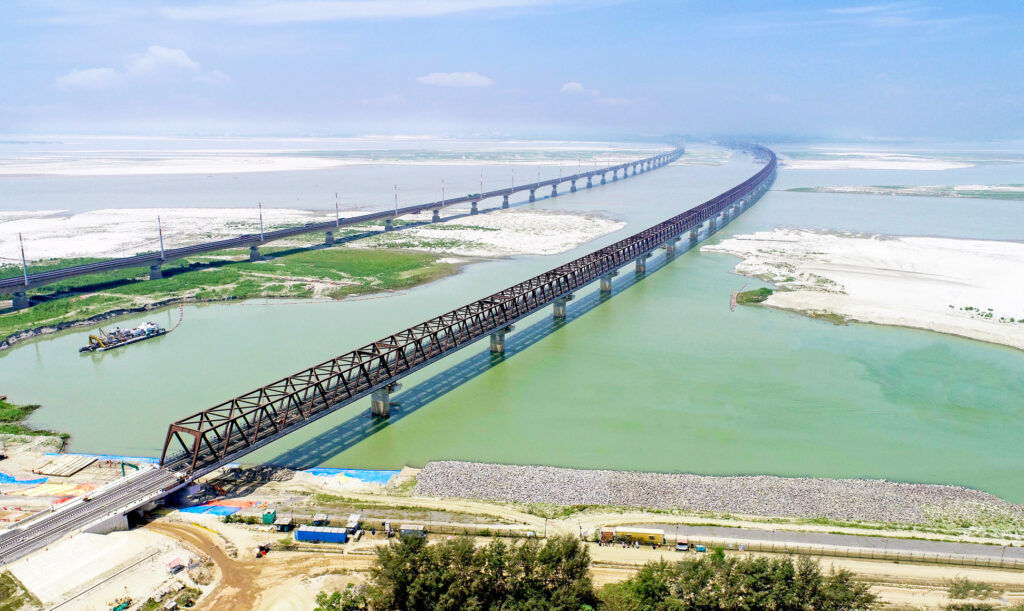 Aerial view of the Jamuna Railway Bridge over braided river channels.